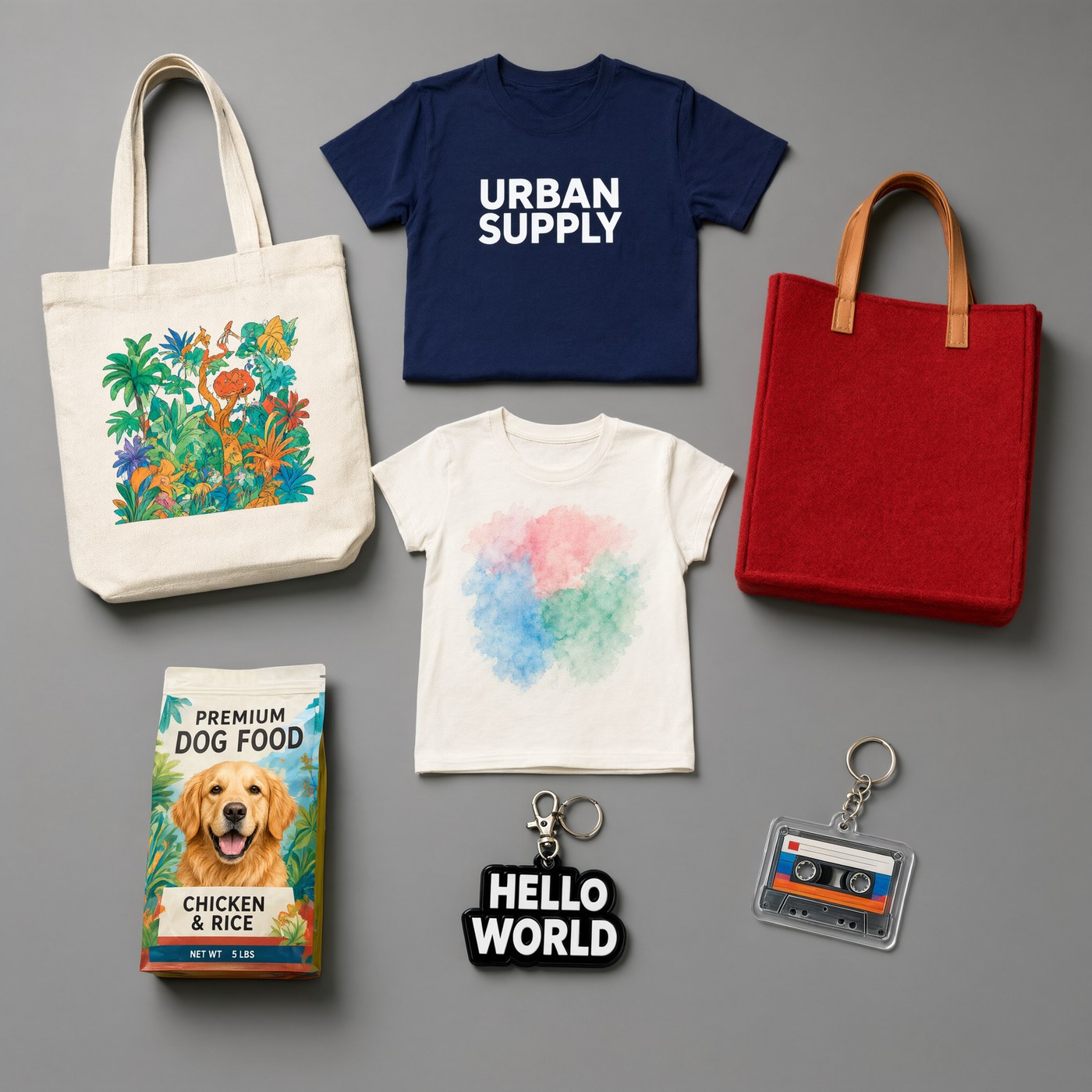 オリジナルプリントのキャンバストートバッグ・Tシャツ・フェルトバッグ・PVCキーホルダー・アクリルキーホルダー・オリジナルパッケージの製造